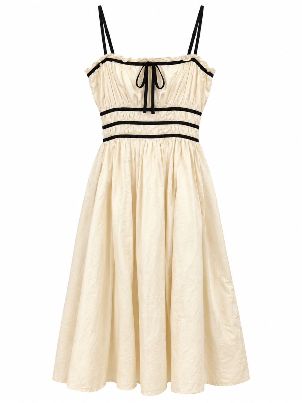 Cream Spaghetti-Strap Midi Dress with Black Trim